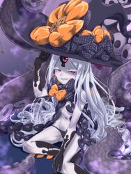  abigail_williams_(fate) abigail_williams_(third_ascension)_(fate) bare_shoulders black_bow black_hat black_panties blush bow breasts colored_skin commentary fate/grand_order fate_(series) female forehead grin hairbow hat hat_bow highres keyhole long_hair looking_at_viewer mightyjump98 multiple_hat_bows navel orange_bow panties parted_bangs polka_dot polka_dot_bow red_eyes sharp_teeth small_breasts smile solo teeth tentacle thighs third_eye underwear white_hair white_skin witch_hat 