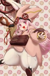  bag baggy_pants blush breasts button_eyes buttons fate/grand_order fate_(series) female habetrot_(fate) hat highres hood hooded_jacket jacket long_hair long_sleeves looking_at_viewer mightyjump98 open_mouth pants pink_hair pink_hat pink_jacket pointy_ears red_eyes shoulder_bag sidelocks small_breasts smile solo white_pants 