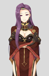  absurdres breasts circlet cleavage closed_mouth commentary cowboy_shot crossed_arms dress earrings female fire_emblem fire_emblem_echoes:_shadows_of_valentia grey_background highres jewelry long_hair looking_at_viewer pazuzu438 purple_eyes purple_hair red_dress side_slit simple_background smile sonya_(fire_emblem_gaiden) straight-on 