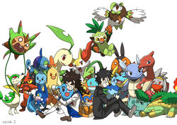  1boy :d animal_ear_fluff bad_id bad_pixiv_id bayleef bird braixen brionne charmeleon closed_eyes combusken commentary_request croconaw dartrix dewott drizzile facing_viewer fangs female fire flame-tipped_tail flying frogadier gotcha! gotcha!_boy_(pokemon) gotcha!_girl_(pokemon) grin grotle grovyle handheld_game_console happy highres holding holding_handheld_game_console horns ivysaur looking_at_viewer marshtomp miniskirt monferno open_mouth pants pignite playing_games pokemon pokemon_(creature) prinplup quilava quilladin raboot servine sharp_teeth shoes signature simple_background single_horn sitting skirt smile teeth thwackey torracat wartortle white_background yukari_(yukari21653710) 