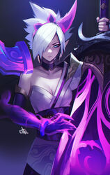  :&lt; absurdres armor bare_shoulders blue_eyes breasts claws cleavage collarbone commentary distr earrings elbow_gloves english_commentary female fingerless_gloves fingernails gloves glowing glowing_sword glowing_weapon hair_over_one_eye highres holding holding_sword holding_weapon horns jewelry league_of_legends pauldrons pointy_ears purple_gloves riven_(league_of_legends) short_hair shoulder_armor signature single_horn single_pauldron solo spirit_blossom_(league_of_legends) spirit_blossom_riven sword weapon white_hair 