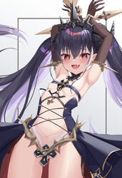  armpits arms_up azur_lane black_dress black_gloves blush bound bound_wrists breasts center_opening commentary_request cowboy_shot cross crossed_bangs dress elbow_gloves felix_schultz_(azur_lane) female gloves hair_between_eyes heart heart-shaped_pupils highres humo iron_cross long_hair looking_at_viewer navel oerba_yun_fang open_mouth presenting presenting_armpit purple_hair red_eyes revealing_clothes showgirl_skirt small_breasts smile solo symbol-shaped_pupils twintails underwear 