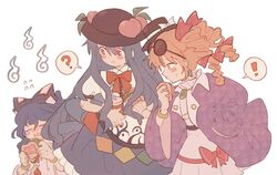  ! 3girls ? bad_id bad_twitter_id bangle blue_hair blush_stickers bow bracelet coat crying cup dress drinking_straw earrings eating eyewear_on_head food food-themed_hair_ornament frilled_dress frills fruit gloom_(expression) hair_between_eyes hair_ornament hair_ribbon hairbow hat hinanawi_tenshi hood hoodie jewelry long_hair long_sleeves mini_hat multiple_girls orange_hair peach peach_hair_ornament purple_coat rainbow_order rbfnrbf_(mandarin) red_eyes ribbon sandwich siblings sisters spoken_exclamation_mark spoken_question_mark sweatdrop touhou wide_sleeves yorigami_jo&#039;on yorigami_shion 