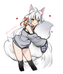  :3 animal_ear_fluff animal_ears artist_name bell choker commentary english_commentary female fox_ears fox_girl fox_tail hair_bell hair_ornament heart hemmmlock hugging_own_tail hugging_tail kamiko_kana leaning_forward long_hair neck_bell off_shoulder sleeves_past_fingers sleeves_past_wrists smile solo striped_clothes striped_sweater sweater tail thighhighs tsunderia virtual_youtuber white_background white_hair yellow_eyes 