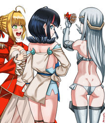  3girls ahoge ass back bare_shoulders bikini black_hair blonde_hair blue_eyes blue_ribbon blush braid breasts circlet cleavage cleavage_cutout clothing_cutout dress elbow_gloves epaulettes fate/extra fate/grand_order fate/requiem fate_(series) figure french_braid fundoshi galatea_(fate) gloves green_eyes grey_bikini grey_gloves grey_thighhighs hair_bun hair_intakes hair_ribbon highres japanese_clothes joints juliet_sleeves large_breasts long_hair long_sleeves looking_at_viewer looking_back looking_to_the_side magatama medium_breasts medium_hair multicolored_hair multiple_girls nero_claudius_(fate) nero_claudius_(fate/extra) open_mouth pale_skin pelvic_curtain pink_hair puffy_long_sleeves puffy_sleeves red_dress red_ribbon ribbon robot_joints shinsaku_(stan-art) short_dress sideboob sideless_outfit sidelocks small_breasts smile streaked_hair swimsuit thighhighs thighs utsumi_erice white_dress white_hair 