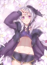  absurdres ass_visible_through_thighs bad_id bad_pixiv_id belt bike_shorts blurry blurry_foreground collar commentary cowboy_shot ekaki-ya_okamoto expressionless female flower flower_(gynoid_talk) flower_(vocaloid) fur-trimmed_jacket fur_trim gynoid_talk hand_on_own_head hand_up highres jacket light_blush looking_at_viewer lying midriff multicolored_hair navel on_back parted_lips purple_eyes purple_hair purple_jacket purple_tube_top solo strapless streaked_hair thigh_gap tube_top vocaloid white_hair 