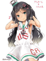  akino_shuu alternate_hair_length alternate_hairstyle black_hair bow closed_mouth commentary_request diagonal-striped_clothes diagonal-striped_neckerchief dress eighth_note fang_out female grecale_(kancolle) green_eyes hairbow hands_in_hair hands_up hat head_tilt kantai_collection long_hair mini_hat musical_note neckerchief oerba_yun_fang pink_bow pleated_dress sailor_collar sailor_dress simple_background sleeveless sleeveless_dress smile solo striped_clothes striped_neckerchief translation_request two_side_up very_long_hair white_background white_dress white_hat white_sailor_collar 