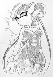  bare_shoulders breasts callie_(splatoon) cleavage closed_mouth collarbone cross-shaped_pupils detached_collar earrings female food food_on_head gloves greyscale inkling isamu-ki_(yuuki) jewelry jumpsuit long_hair medium_breasts mole mole_under_eye monochrome object_on_head paint_splatter pantyhose pointy_ears simple_background smile solo splatoon_(series) splatoon_1 symbol-shaped_pupils tentacle_hair traditional_media white_background 