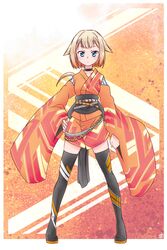  bad_id bad_pixiv_id belt black_thighhighs blue_eyes boots cevio commentary detached_sleeves ekaki-ya_okamoto expressionless female full_body hand_on_own_hip highres japanese_clothes kimono obi one_(cevio) orange_background orange_kimono orange_sleeves platinum_blonde_hair sash short_hair solo standing thigh_boots thighhighs wide_sleeves zettai_ryouiki 