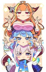  3girls :&gt; :3 absurdres ahoge amane_kanata amane_kanata_(1st_costume) angel angel_wings arms_up black_bow black_hairband black_jacket blonde_hair blue_bow blue_bowtie blue_eyes blue_hair blue_ribbon blunt_bangs blush bow bowtie braid breast_rest breasts breasts_on_head brooch cleavage cleavage_cutout closed_mouth clothing_cutout collared_shirt colored_inner_hair commentary_request double_v doukyo&#039;s dragon_girl dragon_horns dragon_tail dress feathered_wings gem gradient_eyes grey_hair grey_jacket hair_ornament hairband halo head_rest highres hololive horn_bow horn_ornament horns hoshimachi_suisei hoshimachi_suisei_(1st_costume) human_tower jacket jewelry kiryu_coco kiryu_coco_(1st_costume) large_breasts long_hair long_sleeves looking_at_viewer motion_lines multicolored_bow multicolored_eyes multicolored_hair multiple_girls neck_ribbon orange_hair plaid plaid_jacket pointy_ears puff_of_air purple_eyes red_eyes ribbon sakuramochi_(sakura_frappe) scales shirt short_hair side_ponytail single_braid sleeves_rolled_up smile smirk smug stacking star_(symbol) star_in_eye streaked_hair striped striped_background sweatdrop symbol_in_eye tail triangle_mouth turtleneck upper_body v virtual_youtuber white_bow white_shirt wings 