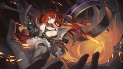  arknights bare_shoulders black_dress black_thighhighs breasts buckle chains cleavage collar commentary demon_girl demon_horns dress female hair_between_eyes highres horns infection_monitor_(arknights) jacket koharu1807 large_breasts long_hair pink_eyes red_hair solo surtr&#039;s_golem_(arknights) surtr_(arknights) sword thighhighs very_long_hair weapon 