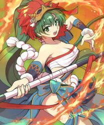  breasts chest_sarashi cleavage earrings female fire fire_emblem fire_emblem:_the_blazing_blade fire_emblem_heroes green_eyes green_hair jewelry large_breasts long_hair looking_at_viewer lyn_(fire_emblem) lyn_(flame)_(fire_emblem) mask mask_on_head navel official_alternate_costume ponytail sarashi sorakaza thighs very_long_hair 