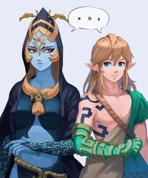  ... 1boy archaic_set_(zelda) asymmetrical_clothes black_skin black_tunic blonde_hair blue_eyes blue_skin body_markings brown_hair cloak colored_sclera colored_skin female green_tunic hair_down highres hood hooded_cloak link midna midna_(true) multicolored_skin neon_trim orange_hair pointy_ears red_eyes saburou_(jako) shared_speech_bubble speech_bubble spoken_ellipsis strap tattoo the_legend_of_zelda the_legend_of_zelda:_tears_of_the_kingdom the_legend_of_zelda:_twilight_princess two-tone_skin upper_body yellow_sclera 