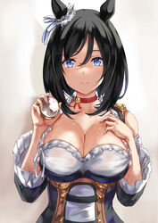  absurdres animal_ears black_hair blue_eyes bob_cut breasts choker cleavage closed_mouth commentary_request eishin_flash_(umamusume) female frilled_shirt frilled_sleeves frills german_clothes hair_between_eyes hair_ornament hair_ribbon hand_on_own_chest hands_up highres holding holding_pocket_watch horse_ears horse_girl large_breasts looking_at_viewer medium_hair pocket_watch ribbon scrunchie shirt smile solo sweat swept_bangs uchida_shou umamusume upper_body watch wet 