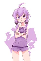  ahoge bad_id bad_pixiv_id collarbone contrapposto cowboy_shot crossed_arms dress ekaki-ya_okamoto female frilled_dress frills hair_tie head_tilt highres looking_at_viewer no_jacket panties pantyshot purple_dress purple_eyes purple_hair short_hair_with_long_locks sidelocks simple_background smile solo standing strapless strapless_dress thigh_gap tube_dress underwear vocaloid voiceroid white_background yuzuki_yukari 