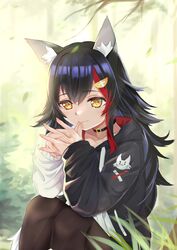  absurdres animal_ear_fluff animal_ears black_choker black_hair black_hoodie black_pantyhose blurry blurry_background branch choker elbow_on_knee falling_leaves female fingers_together forest highres hololive hood hoodie jiejeat leaf long_hair looking_at_viewer multicolored_hair nature official_alternate_costume ookami_mio ookami_mio_(casual) pantyhose red_hair sitting smile solo streaked_hair tail tree two-tone_hoodie virtual_youtuber white_hoodie wind wolf_ears wolf_girl wolf_tail yellow_eyes 