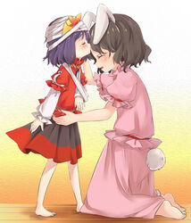  2girls absurdres aged_down animal_ears arm_at_side arm_sling arm_up bandaged_arm bandaged_head bandages barefoot black_hair blue_hair blush closed_eyes commentary feet ginkgo_leaf gradient_background hair_ornament hand_on_another&#039;s_waist head_tilt highres inaba_tewi kissing kissing_forehead kneeling layered_sleeves leaf leaf_hair_ornament long_sleeves maple_leaf mirror multiple_girls parted_lips pink_shirt pink_skirt puffy_short_sleeves puffy_sleeves rabbit_ears rabbit_tail red_shirt shirt short_hair short_sleeves skirt smile standing tail tatuhiro tears toes touhou two-tone_skirt wooden_floor yasaka_kanako 