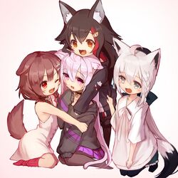  4girls aged_down ahoge alternate_hair_length alternate_hairstyle animal_ear_fluff animal_ears black_choker black_hair black_hoodie black_pantyhose blush_stickers bone_hair_ornament braid brown_eyes brown_hair cat_ears cat_girl cat_tail choker collarbone commentary dog_ears dog_girl dog_tail dress fox_ears fox_girl fox_tail green_eyes hair_ornament highres hololive hololive_gamers hood hoodie hug inugami_korone inugami_korone_(1st_costume) kneeling long_hair looking_at_another medium_hair multicolored_hair multiple_girls nekomata_okayu nekomata_okayu_(1st_costume) official_alternate_costume one_eye_closed ookami_mio ookami_mio_(casual) open_mouth pantyhose pleated_skirt purple_eyes purple_hair purple_skirt red_socks seiza shirakami_fubuki shirakami_fubuki_(1st_costume) shirakami_fubuki_(street) short_hair side_braid simple_background sitting skirt sleeveless sleeveless_dress smile socks streaked_hair sue_(bg-bros) tail very_long_hair virtual_youtuber white_background white_dress white_hair wolf_ears wolf_girl wolf_tail yellow_eyes 