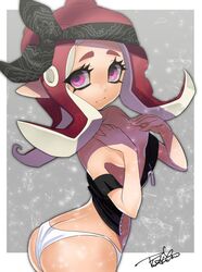  ass bandana black_bandana breasts broken_glass butt_crack closed_mouth covering_breasts covering_privates cowboy_shot female glass hands_up isamu-ki_(yuuki) long_hair looking_away octoling octoling_girl octoling_player_character panties pink_eyes red_hair small_breasts solo splatoon_(series) suction_cups tentacle_hair underwear white_panties zipper zipper_pull_tab 