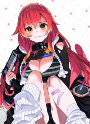  :3 absurdres apex_legends b3_wingman bandaid bandaid_on_knee bandaid_on_leg belt bikini bikini_top_only black_belt black_bikini black_jacket black_shorts breast_press breasts cat_tail cleavage female goggles goggles_on_head grey_bikini grey_hair highres jacket large_breasts long_hair long_sleeves looking_at_viewer loose_socks multicolored_hair navel nekota_tsuna nekota_tsuna_(1st_costume) oerba_yun_fang open_clothes open_jacket orange_eyes p2020_(pistol) red_hair ribbed_legwear seo_garam shorts shrug_(clothing) sitting socks solo streaked_hair striped_bikini striped_clothes swimsuit tail trigger_discipline very_long_hair virtual_youtuber vspo! white_socks 