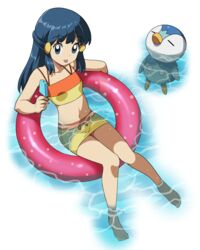  :p bare_shoulders barefoot bikini bikini_skirt blue_eyes blue_hair breasts closed_eyes dark_blue_hair dawn_(pokemon) female food full_body hair_ornament hairclip highres holding holding_food holding_ice_cream ice_cream innertube long_hair looking_at_viewer lying multicolored_clothes multicolored_swimsuit navel no_headwear on_back partially_submerged piplup pokemon pokemon_(anime) pokemon_(creature) pokemon_dppt_(anime) small_breasts soaking_feet suitenan swim_ring swimsuit tankini tongue tongue_out water white_background 