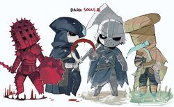  3boys armor armored_boots axe black_headwear black_pants blood blood_on_weapon boobplate boots breastplate brown_gloves copyright_name creighton_of_mirrah dark dark_souls_(series) dark_souls_i dark_souls_ii dark_souls_iii faulds female full_armor gauntlets gloves helm helmet highres holding holding_axe holding_shield holding_sickle holding_weapon knight knight_of_thorns_kirk leonhard_(dark_souls) multiple_boys pants pauldrons red_eyes shield shiny_clothes shoulder_armor standing water weapon white_background yashiki_(gh0st_5010) yellowfinger_heysel 