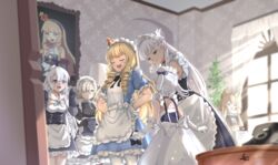  6+girls antique_phone apron as4gi aunt_and_niece azur_lane belfast_(azur_lane) blonde_hair blue_eyes blush braid closed_eyes cowboy_shot crown curtains detached_sleeves drill_hair edinburgh_(azur_lane) french_braid glasses gloves hair_ears hair_over_one_eye highres indoors little_bel_(azur_lane) long_hair maid maid_headdress mirror mother_and_daughter multiple_girls official_alternate_costume open_mouth paper_stack phone plant platinum_blonde_hair portrait_(object) queen_elizabeth_(azur_lane) queen_elizabeth_(yes_your_maidness!)_(azur_lane) ribbon rotary_phone sheffield_(azur_lane) siblings side_ponytail signature sisters smile sunlight warspite_(azur_lane) white_hair window yellow_eyes 