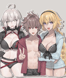  1boy 2girls blonde_hair braid braided_ponytail breasts brown_hair choker fate/apocrypha fate/grand_order fate_(series) grey_hair hairband highres jacket jeanne_d&#039;arc_(fate) jeanne_d&#039;arc_(swimsuit_archer)_(fate) jeanne_d&#039;arc_(swimsuit_archer)_(first_ascension)_(fate) jeanne_d&#039;arc_alter_(fate) jeanne_d&#039;arc_alter_(swimsuit_berserker)_(fate) large_breasts long_hair multiple_girls none_(kameko227) purple_eyes red_eyes short_hair sieg_(fate) single_braid sweat swimsuit v 