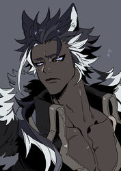  1boy animal_ears azaya_(kuroi_azaya) black_hair black_jacket blue_eyes closed_mouth colored_sclera dark-skinned_male dark_skin fur_collar grey_background grey_hair grey_sclera high_collar jacket long_hair looking_at_viewer low_ponytail male_focus multicolored_hair original pectoral_cleavage pectorals plunging_neckline simple_background solo streaked_hair tearing_up tears upper_body wolf_boy wolf_ears 