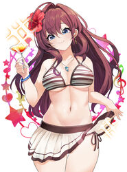  :3 absurdres bare_arms bare_shoulders bikini blue_eyes blush breasts cleavage closed_mouth collarbone drink earrings female flower hair_flower hair_ornament halterneck highres ichinose_shiki idolmaster idolmaster_cinderella_girls idolmaster_cinderella_girls_starlight_stage jewelry korean_commentary large_breasts long_hair musical_note navel necklace purple_hair side-tie_bikini_bottom smile solo swimsuit sylph_kim thighs underboob white_background 