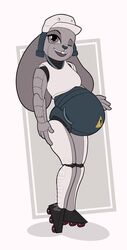  2023 4_fingers alternate_species animatronic anthro armor belly big_belly breasts buckteeth colored digital_drawing_(artwork) digital_media_(artwork) disney ears_down eyelashes female fingers full-length_portrait grey_body grey_eyes headgear helmet inline_skates judy_hopps lagomorph leporid looking_at_viewer machine mammal one_eye_closed open_mouth open_smile pivoted_ears portrait pregnant pregnant_anthro pregnant_female pregnant_robot rabbit rabbit_ears robo_judy robot robot_anthro roller_skates simple_background smile solo standing teeth tei_juan warning_symbol watermark white_armor white_helmet wink winking_at_viewer wire zootopia 