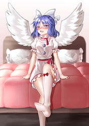  absurdres ailu_elf angel_wings blue_eyes blue_hair blush bow bow_legwear chinese_commentary commentary_request dress feathered_wings female frilled_dress frilled_sleeves frills hairbow highres kneehighs lying mai_(touhou) no_shoes on_back open_mouth puffy_short_sleeves puffy_sleeves red_bow red_ribbon red_sash ribbon sash short_sleeves sitting socks soles solo split_mouth teeth touhou touhou_(pc-98) upper_teeth_only white_bow white_dress white_socks white_wings wings 