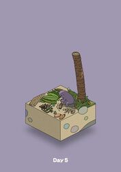  beach bitten commentary diorama fire_drill_(tool) firemaking food fruit gozz highres holding holding_stick isometric leaf leaning_forward original palm_leaf purple_background shell sitting stick sweat tree wood 