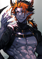  1boy artist_name azaya_(kuroi_azaya) bat_wings black_hair black_horns chest_harness colored_skin fingernails gradient_background grey_background grey_skin grin hand_up harness horns large_pectorals long_hair looking_at_viewer low_ponytail low_wings male_focus multicolored_hair muscular muscular_male orange_eyes orange_hair orange_horns orange_nails original pectorals sharp_fingernails sharp_teeth shrug_(clothing) slit_pupils smile solo streaked_hair teeth two-tone_hair upper_body white_background wings 