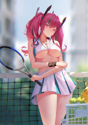  azur_lane ball bangs bare_shoulders bird breasts bremerton_(azur_lane) bremerton_(scorching-hot_training)_(azur_lane) chick cleavage collarbone crop_top female hair_ornament heart heart_necklace highres holding holding_racket large_breasts long_hair looking_at_viewer manjuu_(azur_lane) multicolored_hair navel official_alternate_costume pink_eyes pink_hair racket sansan_(dongfangzhong111) sidelocks skirt solo sportswear streaked_hair tennis_ball tennis_net tennis_racket tennis_uniform thighs twintails two-tone_shirt two-tone_skirt underboob x_hair_ornament 