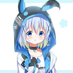  animal_ears animal_hood black_choker black_gloves blonde_hair blue_background blue_eyes blue_hair blush chestnut_mouth choker clockwork_rabbit collarbone commentary_request deyui fake_animal_ears female fingerless_gloves gloves gochuumon_wa_usagi_desu_ka? gradient_hair hair_between_eyes hair_ornament hand_up hood hood_up hooded_jacket jacket kafuu_chino long_sleeves looking_at_viewer multicolored_hair parted_lips rabbit_ears rabbit_hood shirt solo streaked_hair two-tone_background upper_body white_background white_jacket white_shirt x_hair_ornament 