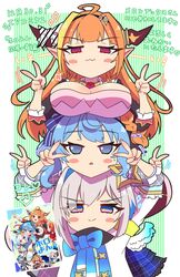  3girls :&gt; :3 ahoge amane_kanata amane_kanata_(1st_costume) angel angel_wings arms_up black_bow black_hairband black_jacket blonde_hair blue_bow blue_bowtie blue_eyes blue_hair blue_ribbon blunt_bangs blush bow bowtie braid breast_rest breasts breasts_on_head brooch cleavage cleavage_cutout closed_mouth clothing_cutout collared_shirt colored_inner_hair commentary_request cover cover_page double_v doukyo&#039;s dragon_girl dragon_horns dragon_tail dress feathered_wings gem gradient_eyes grey_hair grey_jacket hair_ornament hairband halo head_rest heart highres hololive horn_bow horn_ornament horns hoshimachi_suisei hoshimachi_suisei_(1st_costume) human_tower jacket jewelry kiryu_coco kiryu_coco_(1st_costume) large_breasts long_hair long_sleeves looking_at_viewer motion_lines multicolored_bow multicolored_eyes multicolored_hair multiple_girls neck_ribbon orange_hair plaid plaid_jacket pointy_ears promotional_art puff_of_air purple_eyes red_eyes ribbon sakuramochi_(sakura_frappe) scales shirt short_hair side_ponytail single_braid sleeves_rolled_up smile smirk smug stacking star_(symbol) star_in_eye streaked_hair striped striped_background sweatdrop symbol_in_eye tail text_focus translation_request triangle_mouth turtleneck upper_body v virtual_youtuber white_bow white_shirt wings 