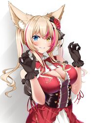  animal_ear_fluff animal_ears black_gloves blonde_hair blue_eyes bow breasts cleavage dress female gloves grin heterochromia highres indie_virtual_youtuber kureha_mitra large_breasts long_hair midoriiro_no_shinzou multicolored_hair paw_pose pink_hair red_bow red_dress smile solo streaked_hair twintails virtual_youtuber yellow_eyes 