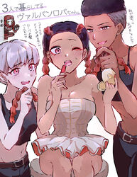  1boy 3girls animification apex_legends applying_makeup bangalore_(apex_legends) belt black_hair black_pants black_sports_bra black_tank_top braid breasts brown_belt brown_eyes cleavage dark-skinned_female dark_skin dress eyeshadow grey_dress grey_hair highres large_breasts loba_(apex_legends) makeup medium_breasts midriff multiple_girls navel one_eye_closed open_mouth orange_eyes pants pink_eyes red_eyeshadow revenant_(apex_legends) short_hair simulacrum_(titanfall) smile sports_bra tank_top translation_request twin_braids valkyrie_(apex_legends) wano_(azayakam) 