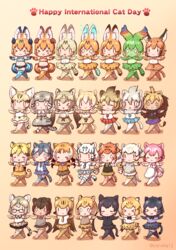  &gt;_&lt; 0_0 6+girls :&lt; :3 :d ahoge animal_ear_fluff animal_ears animal_print apron ascot barbary_lion_(kemono_friends) black-framed_eyewear black_bow black_bowtie black_hair black_jaguar_(kemono_friends) black_leopard_(kemono_friends) black_pantyhose black_shirt black_skirt black_thighhighs blonde_hair blue_bow blue_necktie blue_skirt blush_stickers bow bowtie breasts brown_hair brown_vest byakko_(kemono_friends) caracal_(kemono_friends) cat_(kemono_friends) cat_day cat_ears cat_girl cat_tail cellval cheetah_(kemono_friends) cheetah_ears cheetah_print cheetah_tail chibi closed_mouth coroha dyed_bangs elbow_gloves english_text extra_ears facing_viewer fossa_(kemono_friends) full_body fur_collar garter_straps geoffroy&#039;s_cat_(kemono_friends) glasses gloves golden_tabby_tiger_(kemono_friends) gradient_background green_bow green_bowtie green_hair green_shirt green_skirt green_thighhighs grey_hair grey_necktie grey_shirt grey_skirt grey_vest hairbow high-waist_skirt highres jaguar_(kemono_friends) jaguar_ears jaguar_print jaguar_tail kemono_friends leopard_(kemono_friends) lion_(kemono_friends) lion_ears lion_girl lion_tail long_hair looking_at_viewer maltese_tiger_(kemono_friends) margay_(kemono_friends) medium_breasts multicolored_hair multiple_girls necktie o_o open_mouth orange_ascot orange_background orange_hair outstretched_arms pallas&#039;s_cat_(kemono_friends) pantyhose peach_panther_(kemono_friends) plaid plaid_necktie plaid_skirt plaid_sleeves plaid_trim print_bow print_bowtie print_gloves print_necktie print_pantyhose print_skirt print_thighhighs purple_necktie purple_skirt red_necktie red_skirt sand_cat_(kemono_friends) shirt shiserval_lefty shiserval_right short_sleeves siberian_tiger_(kemono_friends) side-by-side simple_background skirt sleeveless sleeveless_shirt smile smilodon_(kemono_friends) spread_arms sweater_vest tail thighhighs tiger_ears tiger_tail twintails twitter_username two-tone_hair vest waist_apron walking white_hair white_lion_(kemono_friends) white_serval_(kemono_friends) white_shirt white_tiger_(kemono_friends) xd yellow_necktie yellow_skirt zettai_ryouiki |_| 