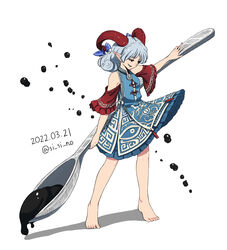  2021 bare_shoulders barefoot blue_dress blue_skirt commentary curly_hair dated detached_sleeves dress earrings feet female full_body highres holding holding_spork horn_ornament horn_ribbon horns jewelry meandros oil oversized_object patterned_clothing pointy_ears red_eyes red_horns red_sleeves ribbon sheep_horns shishi_osamu short_hair simple_background skirt smile solo spork toes touhou toutetsu_yuuma twitter_username white_background white_hair 