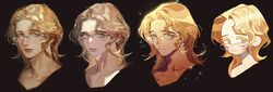  1boy art_shift black_background blush chibi closed_mouth freckles glasses grey_eyes highres korean_commentary long_hair looking_at_viewer male_focus multiple_views original over-rim_eyewear pigeon666 portrait sanpaku semi-rimless_eyewear yellow-framed_eyewear 