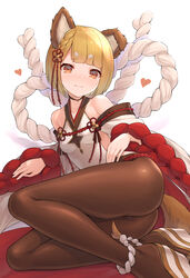  animal_ears ass bare_shoulders black_pantyhose blonde_hair blush braid breasts collarbone commentary_request detached_sleeves dog_ears erune female granblue_fantasy hair_ornament highres japanese_clothes looking_at_viewer lying on_side open_mouth pantyhose rope short_hair smile solo tail tomo_(tmtm_mf_mf) vajra_(granblue_fantasy) wide_sleeves 