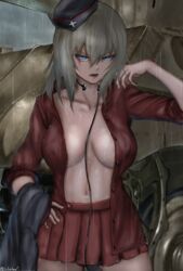  absurdres bad_id bad_pixiv_id black_hat black_jacket blue_eyes breasts cloud cloudy_sky commentary covered_nipples dress_shirt female frown garrison_cap girls_und_panzer glaring grey_hair grey_sky hand_on_own_hip hat highres holding holding_clothes holding_jacket insignia itsumi_erika jacket kuromorimine_military_uniform large_breasts long_sleeves looking_at_viewer medium_hair military military_hat military_uniform military_vehicle miniskirt motor_vehicle navel open_clothes open_mouth open_shirt outdoors pleated_skirt rain red_shirt red_skirt shirt skirt sky sleeves_rolled_up solo standing takefu_jiin tank throat_microphone tiger_ii tilted_headwear twitter_username uniform unworn_jacket wet wet_clothes wet_hair wet_shirt 