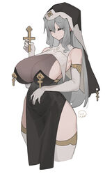  black_dress breasts cleavage closed_eyes closed_mouth cropped_legs cross dress elbow_gloves female gloves gold_trim grey_hair habit hand_up highres holding holding_cross huge_breasts long_hair nun original pelvic_curtain see-through see-through_cleavage simple_background solo thighhighs uusquid veil white_background white_gloves white_thighhighs 