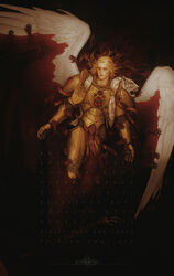  1boy absurdres adam&#039;s_apple angel angel_wings armor armored_boots artist_logo artist_name blade_encarmine blending blonde_hair blood blood_angels blood_from_eyes bloody_wings boots breastplate commentary commission couter cuirass death disembodied_hand english_commentary eyes_of_horus_(warhammer_40k) gauntlets gem gold_armor grabbing grabbing_another&#039;s_wing greaves hand_on_another&#039;s_wing highres laurel_crown layered_armor leg_armor leopard_pelt long_hair male_focus multiple_others parted_lips partially_submerged pauldrons pelt pelvic_curtain poleyn pool_of_blood power_armor primarch red_gemstone regalia_resplendent rerebrace roman_numeral runes sanguinius shattered shoulder_armor sinking snow_leopard snow_leopard_pelt solo_focus surrounded_by_hands teardrop-shaped_gem usfr warhammer_40k white_wings wings yellow_eyes 