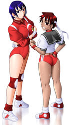  2girls ankle_socks arms_under_breasts ass ayuhara_natsu back bad_source bandaged_fingers bandages black_sailor_collar blue_eyes blue_hair breasts buruma choker clenched_hand closed_mouth collared_jacket commentary_request converse crop_top cross-laced_footwear crossed_arms dark-skinned_female dark_skin double_vertical_stripe emblem fingerless_gloves from_side frown full_body gloves grin hair_between_eyes hand_on_own_hip headband jacket justice_gakuen kasugano_sakura knee_pads kneepits large_breasts looking_at_viewer looking_back mokkouyou_bond multiple_girls parted_bangs puffy_short_sleeves puffy_sleeves red_buruma red_choker red_eyes red_footwear red_gloves red_hair red_jacket red_socks reflection sailor_collar sailor_shirt school_uniform shirt shoes short_hair short_sleeves simple_background sleeve_cuffs smile sneakers socks split_mouth sportswear standing street_fighter sweat tomboy track_jacket unzipped v-shaped_eyebrows white_footwear white_headband white_shirt white_socks white_wristband wristband zipper 