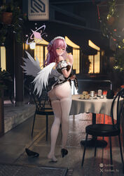  3d_background absurdres ass bare_shoulders blue_archive blush cafe chair clothes_lift commentary_request cropped doodle_sensei_(blue_archive) feathered_wings female flower food hair_flower hair_ornament halo highres lamppost long_hair looking_back maid_headdress mika_(blue_archive) night outdoors pantyhose parted_lips partial_commentary pink_hair pink_halo rodriguez_(kamwing) sensei_(blue_archive) shoes single_shoe skirt skirt_lift solo table unworn_shoes walking white_pantyhose white_wings wide_shot wings yellow_eyes 