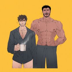  2boys abs absurdres bandaid bara beard biceps black_hair brown_hair character_request closed_eyes coffee coffee_mug cup dobek_k facial_hair feet_out_of_frame hairy highres large_pectorals male_focus manly mature_male mug multiple_boys muscular muscular_male navel_hair nipples no_pants open_mouth orange_background pants pectoral_cleavage pectorals scar scp_foundation shirt short_hair simple_background sleepy spiked_hair squeans teeth thick_arms thick_eyebrows tongue topless_male veins yawning 