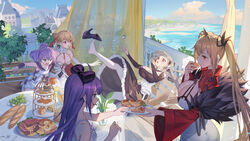  5girls absurdres azur_lane baguette balcony black_dress black_footwear blonde_hair bow bread breasts character_request cleavage commentary_request detached_collar detached_sleeves dress falling fat_joke feather_dress food food_request formidable_(azur_lane) frilled_dress frills from_side full_body fur_trim grey_hair hair_ribbon hairbow high_heels highres holding holding_spoon huge_breasts javelin_(azur_lane) javelin_(retrofit)_(azur_lane) large_breasts long_hair long_sleeves looking_at_another meat medium_breasts multiple_girls nelson_(azur_lane) nelson_(retrofit)_(azur_lane) orange_eyes outdoors pantyhose purple_bow purple_eyes purple_hair red_eyes ribbon royal_oak_(azur_lane) shoes spoon tiered_tray twintails two-tone_dress two-tone_ribbon unicorn_(azur_lane) unicorn_(icy-sweet_storytime)_(azur_lane) very_long_hair water white_pantyhose wide_sleeves xiaoguolidun 